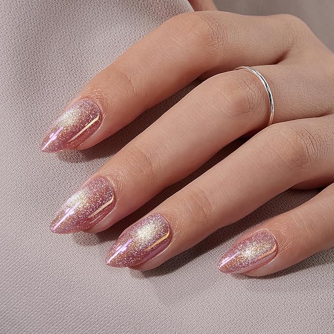 VSALON Press on Nails Short Almond - Pink Cat Eye Pastel Glitter Holographic Fake Nails Kit, Reusable Opaque Gel Chrome Glue on Nails with Glue & Cuticle Oil - Valentines Gifts for Women