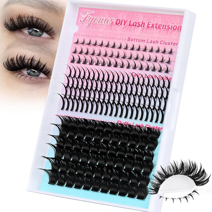 Fyonas Lash Clusters Volume Cluster Eyelashes Fluffy Thick Individual Lashes 12-18mm with Spikes 13-19mm DIY Eyelash Extensions with Natural Bottom Lashes 198Pcs (Mix02)