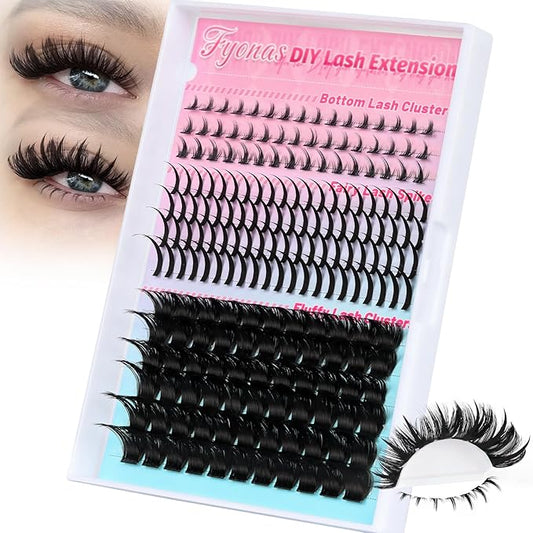 Fyonas Lash Clusters Volume Cluster Eyelashes Fluffy Thick Individual Lashes 12-18mm with Spikes 13-19mm DIY Eyelash Extensions with Natural Bottom Lashes 198Pcs (Mix02)