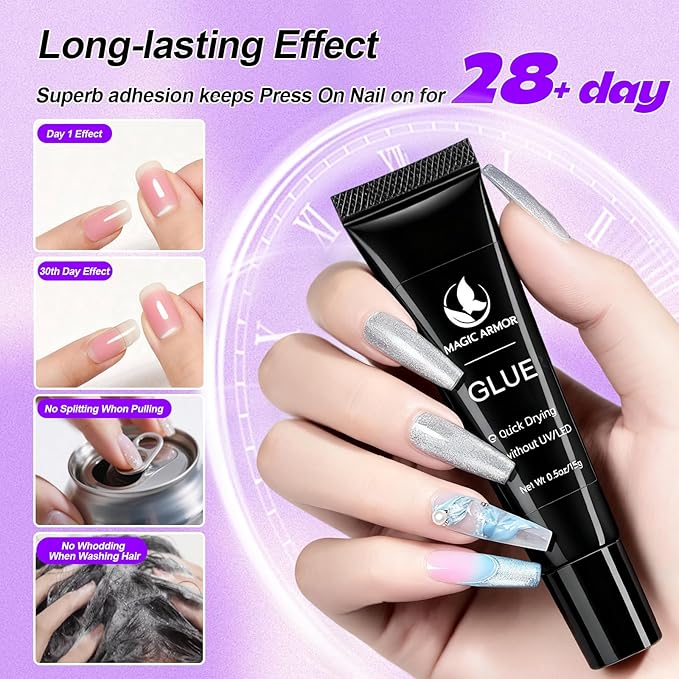 2pcs Nail Glue for Press On Nail with Cuticle Pusher Set, No UV Needed, Quick Dry Strong Semi Solid Glue for Press On, Long Lasting Adhesive for Fake Acrylic Nails