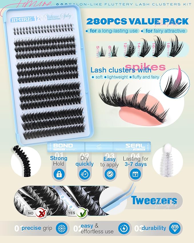 Lash Clusters Kit Manga Lashes Clusters Spiky 120D Eyelash Clusters Kit with Bottom Lashes 12-18MM Wispy Lash Extension Kit with Lash Bond and Seal Eyelash Extension Kit DIY at Home by JIMIRE