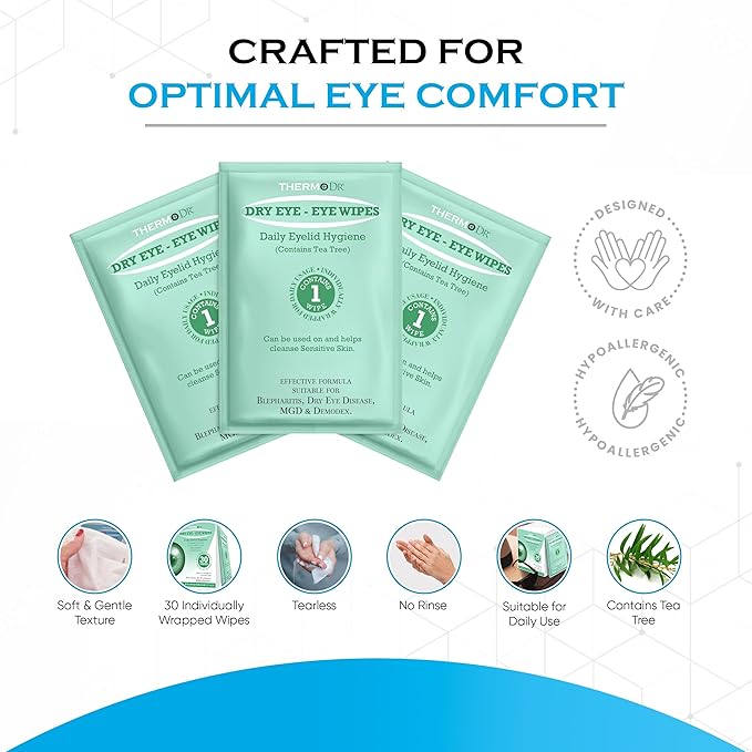 Eye Wipes for Dry Eyes - Tea Tree Eyelid Wipes Blepharitis, Tired, & Itchy Eyes - Tearless & Fragrance-Free Eye Cleaning Pads by ThermoDR - 30 Pcs