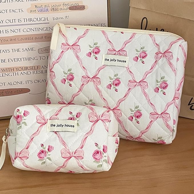 Cute Makeup Bag Aesthetic Floral Quilted Cotton Cosmetic Bag Travel Organizer Toiletry Pouch 3 Pack Set (01Pink Bow)