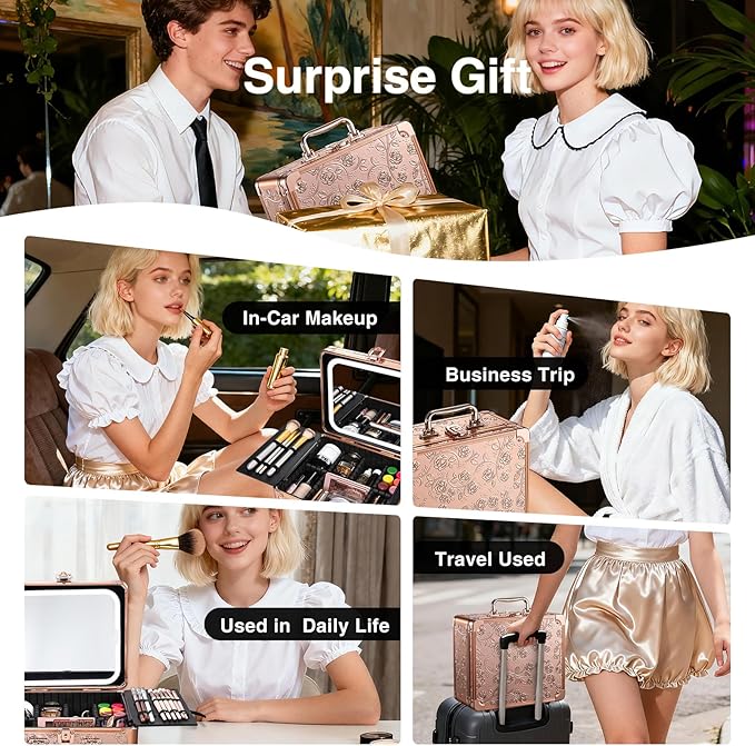 Makeup Case with Magnetic Lighted Mirror Cosmetic Train Box Detachable LED Mirror Adjustable Brightness in 3 Colors Waterproof Storage Organizer Artist Suitcase with Dividers Brush Holder, Rose Gold