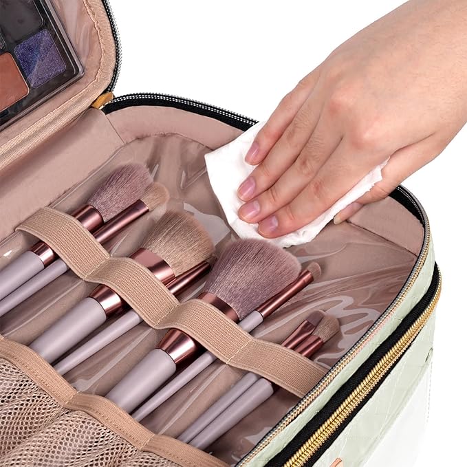BAFAMYE 8.8L Double Layer Travel Makeup Bag Women, Large Cosmetic Case, Organizer for Travel-Size Accessories Bottles, Brushes, and Skin Care Products, Beige 2.33 GAL