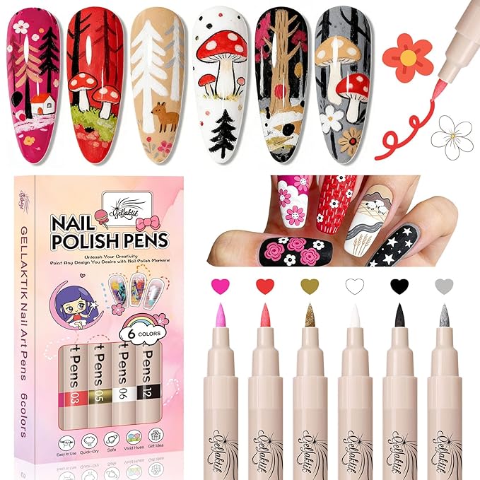 GELLAKTIK 6 Colors Nail Art Pens Set, 3D Nail Polish Pens Quick-Drying Acrylic Paint Markers, Dotting Liner Brush for DIY Nail Design, Home & Salon Manicure Tools