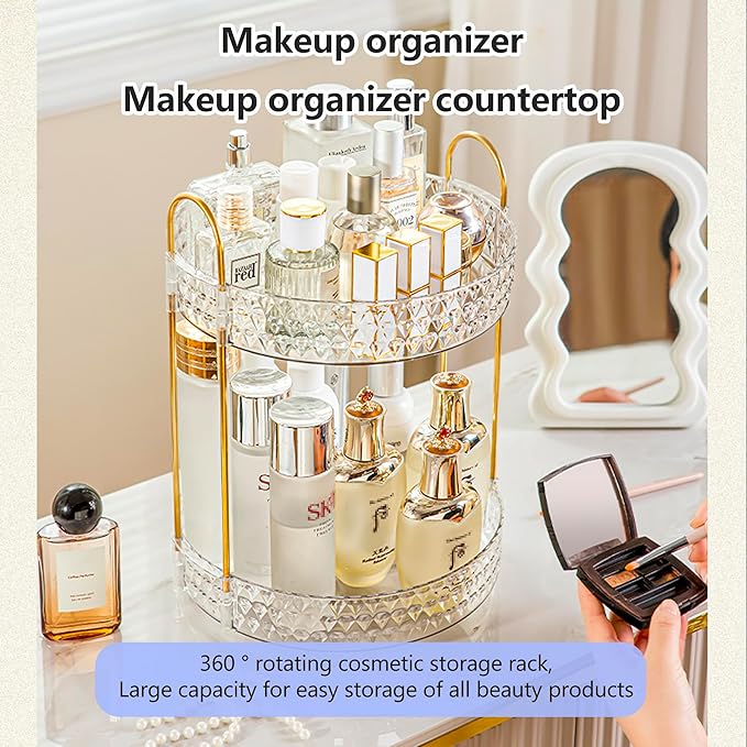 Gold Rotating Makeup Organizer for Vanity, 2-Tier Large Capacity Perfume & Skincare Organizer with Brush Holder, 360° Bathroom Countertop Organizer for Cosmetics, Jewelry & Hair Products