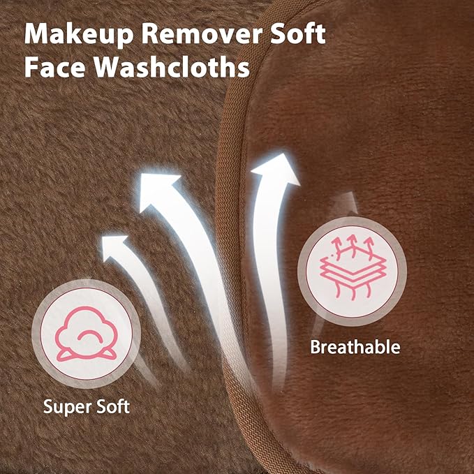 Natwag Makeup Remover Cloth, 6" x 6" Make Up Towels Reusable Face Cloth for Washing Face, Makeup Remover Pads Microfiber Face Washcloth with Mesh Bag, Just Water, 12 Pack, Brown