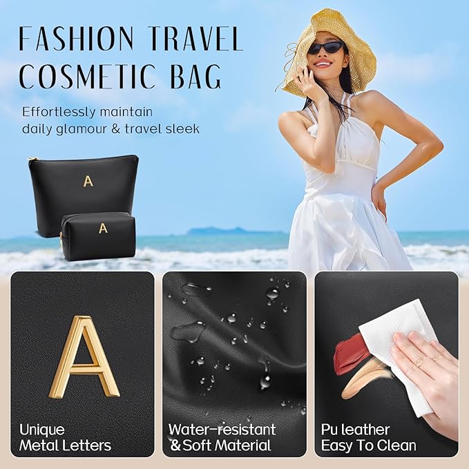 Women Gifts | Initial Makeup Bag Set for Girl Personalized Gifts for Bridesmaid Friend Graduation Teachers PU Leather Cosmetic Travel Toiletry Bag(Black,A)