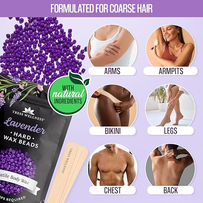 Tress Wellness Wax Beads - Safe for Skin - Dermatologically Tested - At-Home Kit for Bikini, Brazilian & Full Body - Lavender 1.2