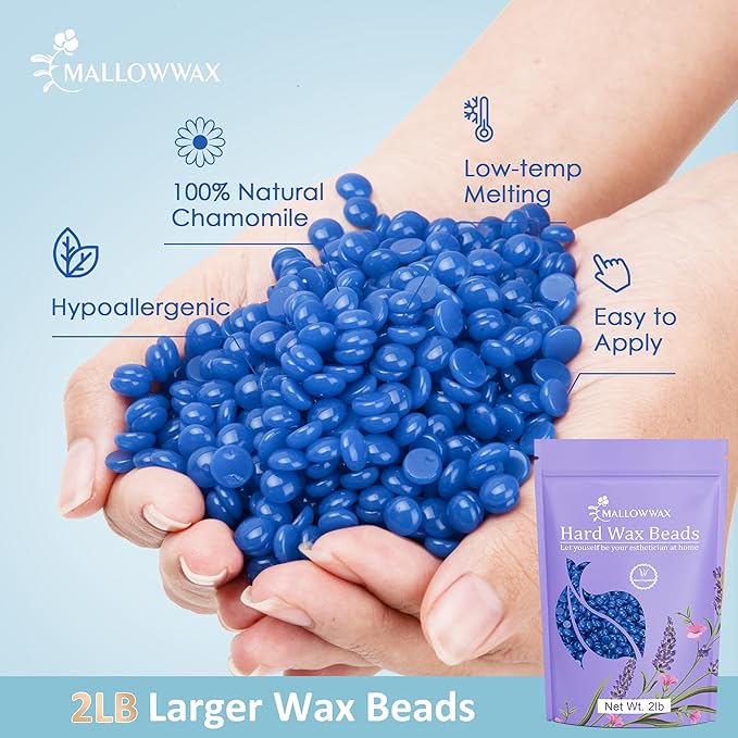 Mallowwax Hard Wax Beads, 2LB Blue Wax for Full-Body Hair, Strong Grip for Thick Hair Removal, Waxing for Legs, Arms, Chest & Back, No Strips Needed, Easy to Use at Home or Salon
