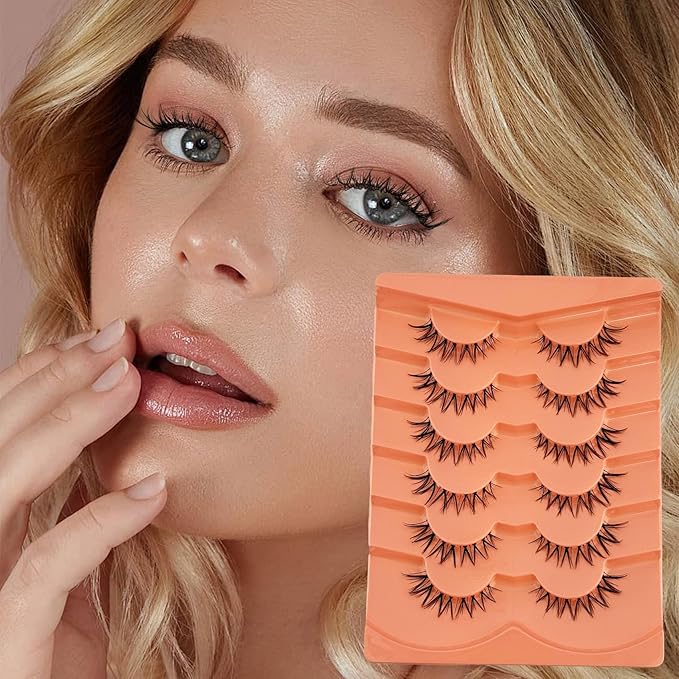 False Eyelashes Natural Look Wispy EyeLashes Cat Eye Lashes, Yasnai Fake Lashes Volume Lashes, Mink Lashes Strips Lashes Natural Eyelashes Clear Band 6 Pairs Pack