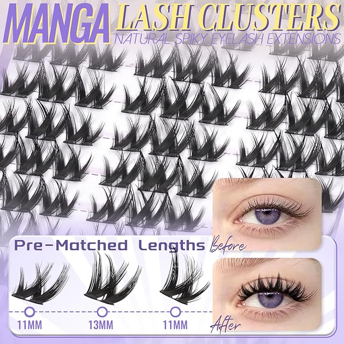 Fyonas Manga Lash Clusters Wispy Cluster Eyelashes Natural Look Fluffy Anime Cluster Eyelash Extensions C Curl 108Pcs Easy to Apply Flora Individual Lashes with Thin Band for Beginners (Cutey)