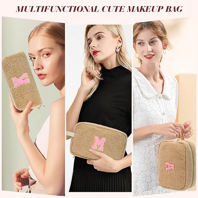 for Valentines Day Gifts, Personalized Initial Cosmetic Bag Pouch for Teen Girls, Preppy Makeup Travel Bags for Daughter Sister Girlfriend, Monogramed Make Up Pouch for Birthday Gifts - Brown U
