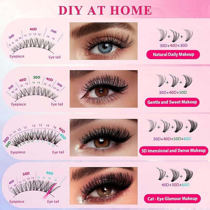 Waltz Lash Clusters Kit - Lash Clusters Lashes D Curl Eyelash Clusters Lash Extension Kit 30D40D50D60DFluffy eyelash clusters kit with Bond and Seal 0.07MM False Eyelashes DIY at Home