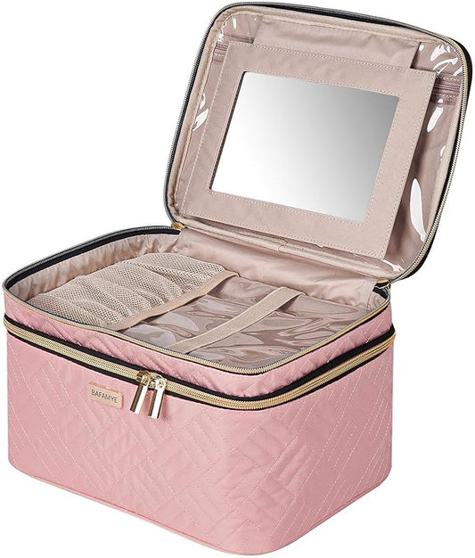 BAFAMYE 8.8L Double Layer Travel Makeup Bag With Mirror For Women, Large Cosmetic Case, Organizer for Travel-Size Accessories Bottles, Brushes,and Skin Care Products, 2.33 GAL, Pink