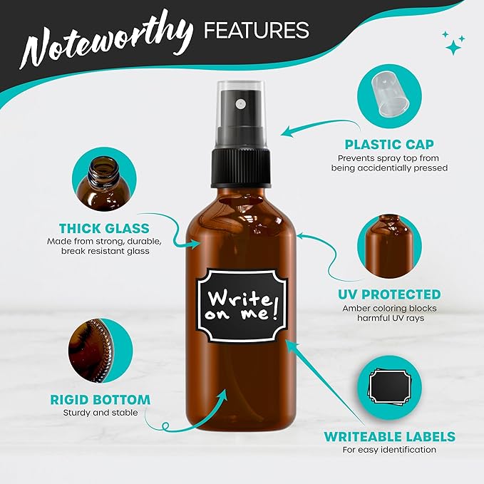 Nevlers 4 Oz Amber Spray Bottles 24 Pack | Amber Glass Bottle Sprayer Set w/Shrink Wrap, Funnel, Brush, Labels & Marker | Mist Bottle For Use as Travel Liquid Bottles for Fragrances, Essential Oils