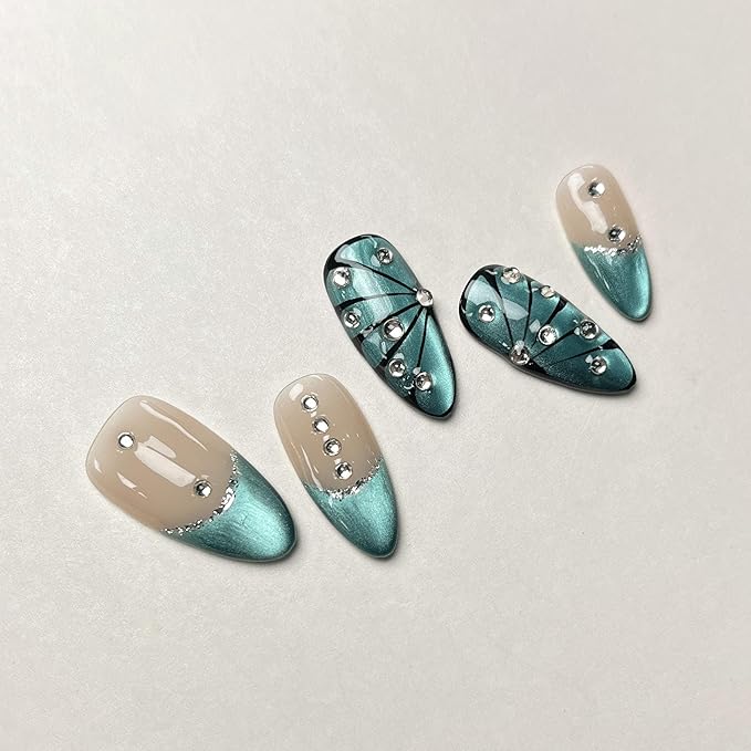 MAGLFELL Women Press On Nails - Blue Almond False Nails 10Pcs Luxury Handmade 3D Painting Art ABS Acrylic Artificial Fingernails (Size S)