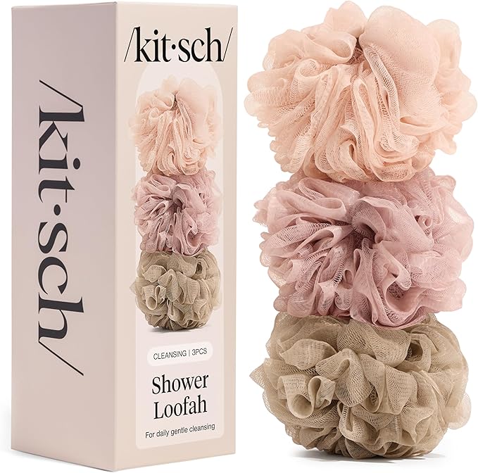 Kitsch Shower Loofah – Soft Mesh Body Scrubber & Bath Sponge for Daily Gentle Cleansing – Durable Loofah for Men and Women with Hanging Loop, Eco-Friendly, 100% PCR Material – 3pc Set, Ballet