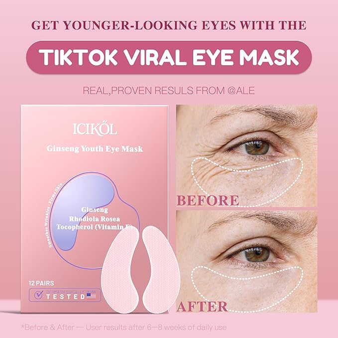 Collagen Under Eye Patches for Puffy Eyes and Dark Circles, Under Eye Mask for Wrinkle with Ginseng, Deep Hydrating Undereye Mask Patches, Christmas Small Gifts for Women (12 Pairs, Ginseng)