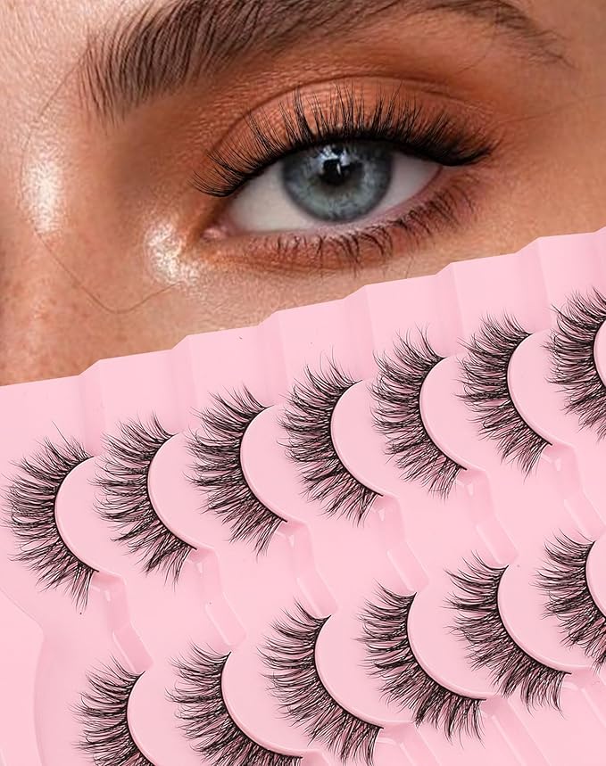 Natural Lashes Wispy C Curl False Lashes 9mm-16mm Demi Wispies Eyelashes Short Volume Mink Lashes Pack Fairy Classic Fake Lashes Cute Small Eye Lashes Pack 7 Pairs