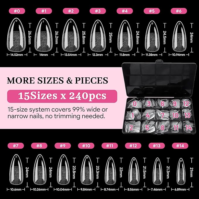Qiek Medium Almond Pre-Building Nail Tips, 15 Sizes 240 PCS Pre-shaped Apex Clear Soft Press On Fake Nail Half Matte Gel Nail Extensions Strong Thick Acrylic Tip for DIY Beginners & Salon Manicure