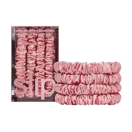 slip Skinny Scrunchies: Anti-Crease, Anti-Breakage Slipsilk™ Design Protects Delicate Hair | Includes 4 Pure Silk Scrunchies, Rose - new