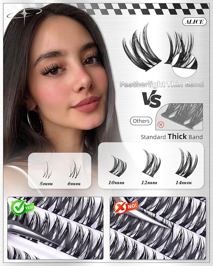 Flaunt Lash Clusters Kit Natural Wispy Lash Extension Kit Short 10mm-12mm-14mm Cluster Eyelash Extension Kit Individual Lashes Kit with Bottom Lashes Bond and Seal by ALICE