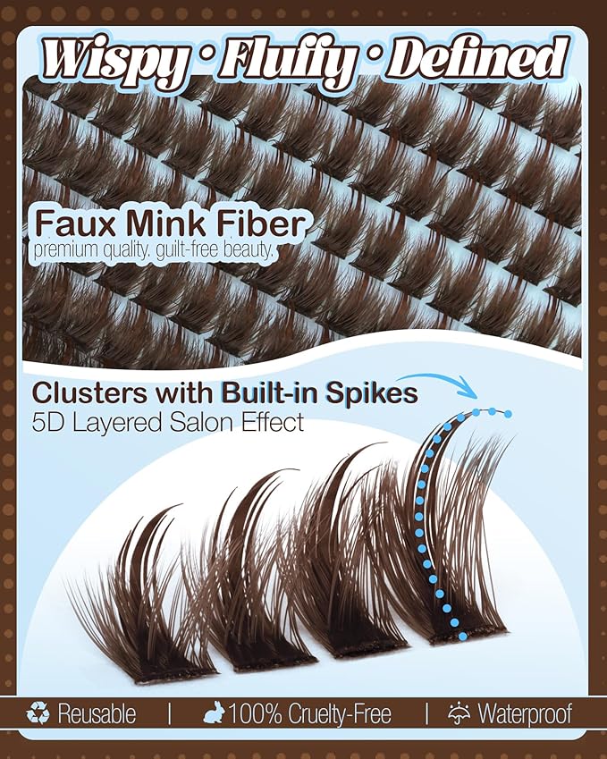 Brown Lash Cluster with Bottom Lashes Kit Spiky Individual Lashes Fairy Natural Eyelash Clusters Dark Brown Wispy Cluster Eyelash Extensions Kit with Lash Bond and Seal Clear (280Pcs, 5-16MM, D Curve)