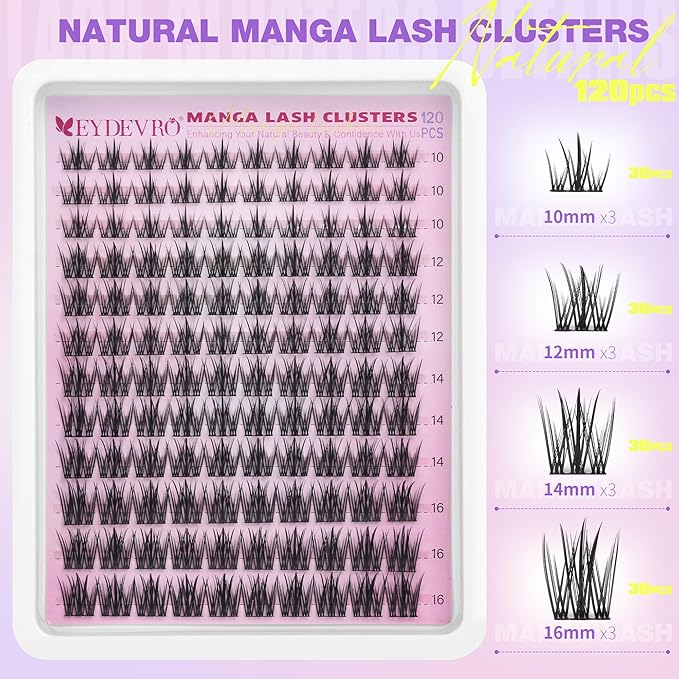 EYDEVRO Manga Lash Clusters Kit Natural Wispy Eyelash Clusters Anime Lashes Cluster 10-16mm Cluster Eyelash Extensions DIY Lash Extension Kit Individual Lashes Lash Bond and Seal Lash Tweezers Brushes