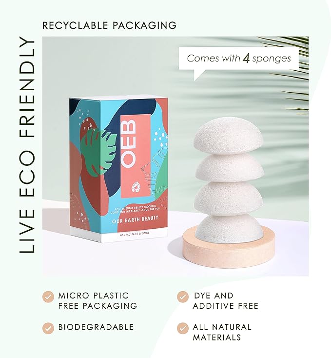 Konjac Face Sponge for Cleansing & Facials (4 Pack) | Microplastic Free 100% Natural | Non-Toxic | Biodegradable | Eco-Friendly | Plastic Free Packaging