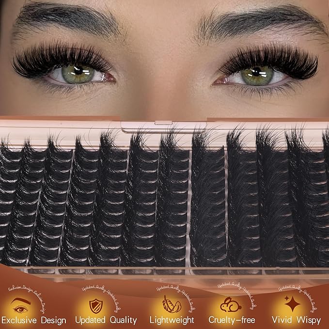 Geeneiya 200D Full Lash Clusters Kit Thick Lash Extension Kit 10-18mm Wispy Cluster Eyelash Extensions Individual Eyelashes Kit with Lash Bond and Seal DIY Lashes Applicator for Beginners