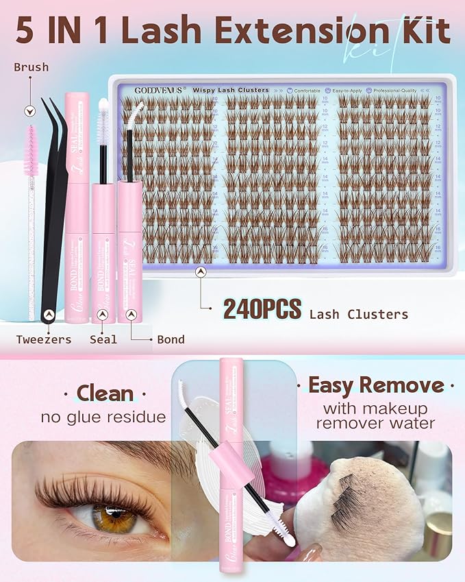 Goddvenus Wispy Lash Clusters Kit Mascara-like Brown Eyelash Clusters Natural Cluster Eyelash Extensions Kit 10-16mm False Eyelashes Individual Lashes C Curl Lash Extension Kit For DIY