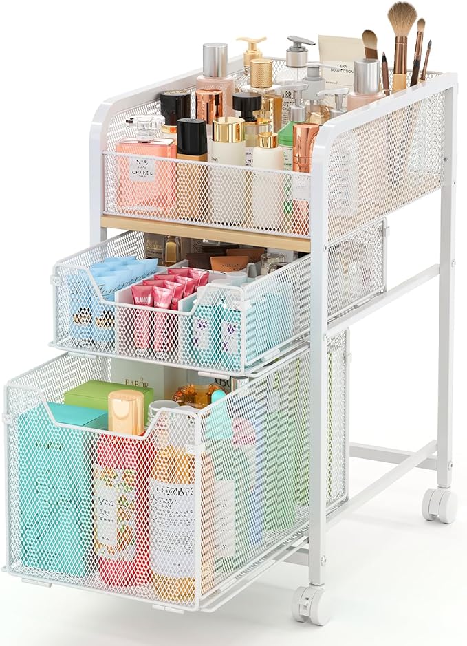 Rolling Makeup Cart Organizer with 2 Drawers, Narrow Floor Skincare Organizers, Vanity Organizer Cosmetics Display Cases Holder for Skin Care Nail Polish Perfume Makeup Brush, White