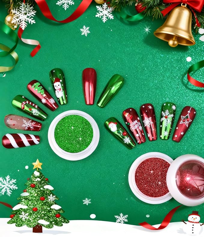 BISHENGYF Gold Chrome Nail Powder - 6 Colors Christmas Red Green Blue Silver Nail Chrome Powder, Sparkly Holographic Chrome POwder for Nails Mirror Effect Glitter Pigment Dust - Christmas Nail Design
