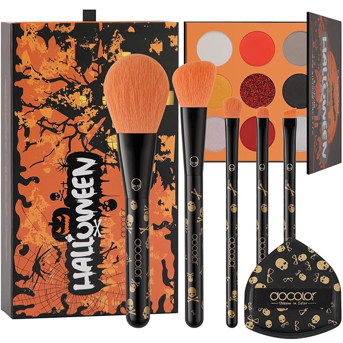 docolor Makeup Brush Set, 5PCS Goth Makeup Brushes Powder Contour Eyeliner Brow Eyeshadow Brush Set with 9 Colors Pigmented Eyeshadow Palette,1PC Makeup Sponge Puff & 3PCS Fake Scar Tattoo Makeup kit