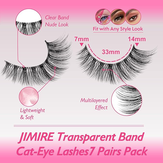JIMIRE Lashes with Clear Band Demi-Wispies Fluffy Faux Mink Eyelashes Wispy Cat-Eye False Eyelashes Natural Look 7 Pairs Pack