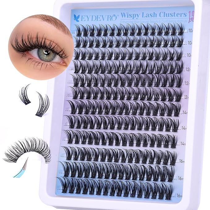 EYDEVRO Wispy Lash Clusters Natural Eyelash Clusters 10-16mm Cluster Eyelash Extensions 192 Pcs Individual Lashes CD Curvature Cluster Lashes Comfortable Soft Thin Band DIY Lash Extensions