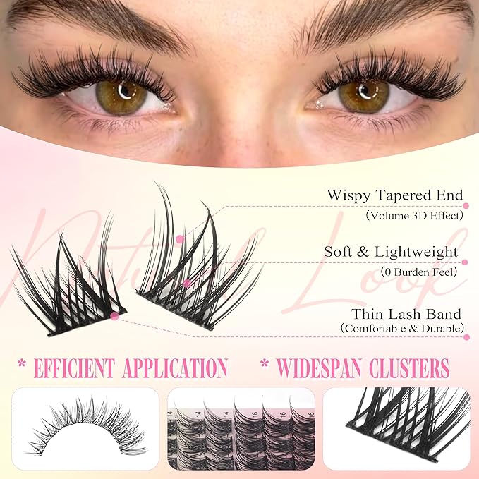 Wtvane Lash Clusters Kit Wispy Cluster Eyelash Extensions Kit Natural Lash Extension Kit Natural Look Eyelash Clusters Wispy False Eyelashes with Lash Bond and Seal, Tweezers