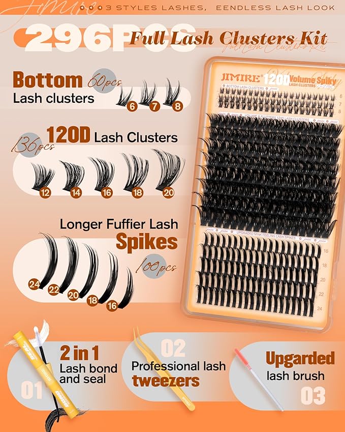 JIMIRE Lash Clusters Kit Volume Lash Extension Kit 296Pcs 120D Cluster Eyelash Extensions with Bottom Lashes and Spikes D Curl Eyelash Extension Kit with Lash Bond and Seal