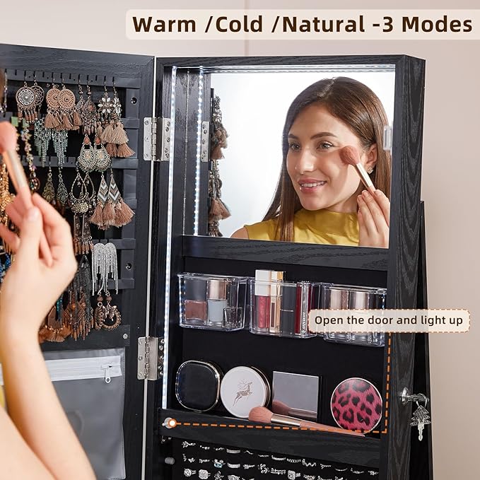 Fluted 360° Swivel Jewelry Armoire Cabinet Standing with Full Length Mirror, Lockable Jewelry Organizers and Drawer Storage with 3 Color LED Lights & Interior Mirror Rear Storage Shelves