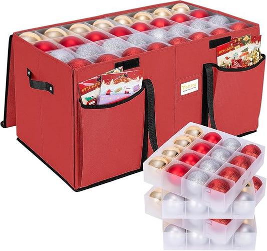 BALEINE Christmas Ornament Storage Box with Dividers, Premium Holiday Ornaments Storage Container Bin for Xmas Decorations (128 Ball, Red, Hard)