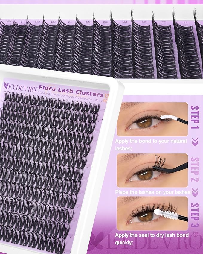 EYDEVRO Flora Lash Clusters Kit Wispy Natural Eyelash Clusters Kit 10-18mm DIY Lash Extension Kit Flaunt Cluster Eyelash Extensions Individual Lashes Kit Waterproof Lash Bond and Seal, Tweezers, Brush