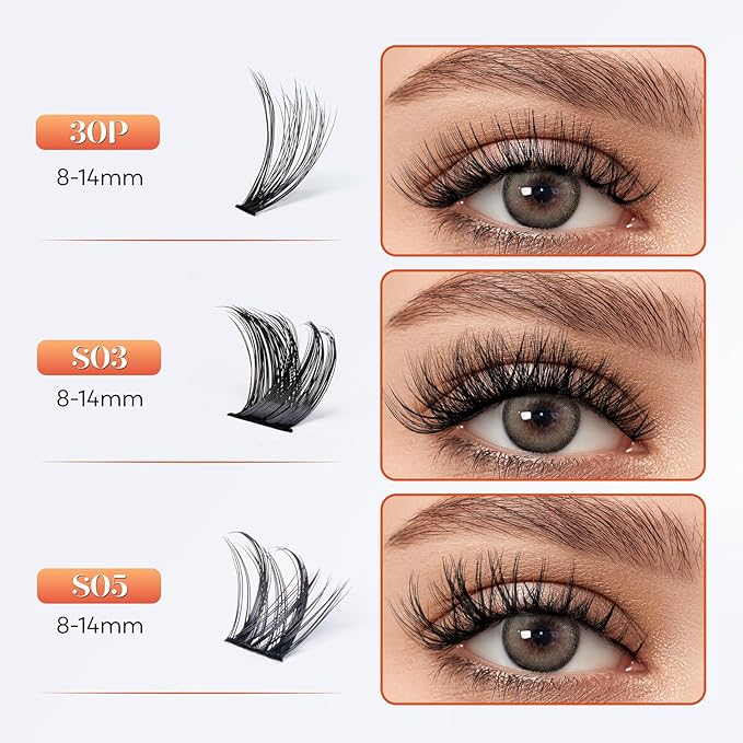 Lash Clusters Kit-VYRILA 0.07mm Wispy 8-14mix C Curl Eyelash Clusters with Lash Bond and Seal Waterproof, Eyelash Tweezers (30P+S03 KIT 186pcs-8-14mix)