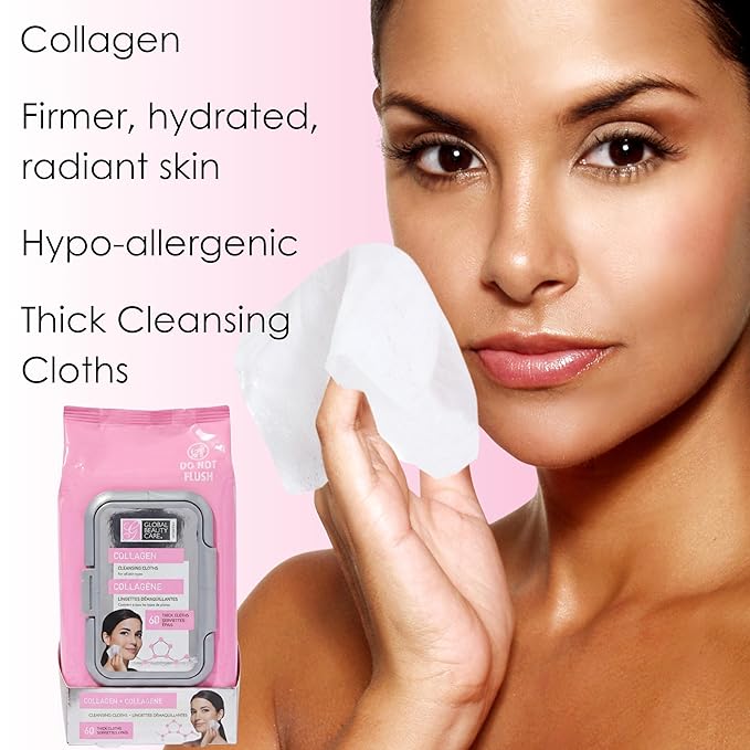 Global Beauty Care Collagen Makeup Remover Wipes - Gentle Daily Facial Cleansing Wipes for Sensitive Skin, Hydrating, Firming & Renewing For Smooth Radiant Skin, Travel-Friendly, 60 Count (1-Pack)