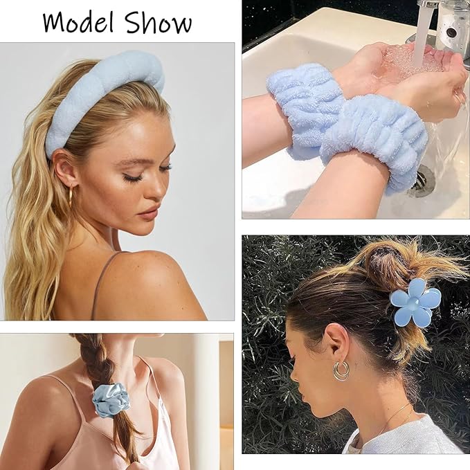 BluOcnMkt 6PCS Skincare Headband Set Blue Spa Makeup Headbands for Women, Large Flower Hair Clip, Velvet Hair Scrunchies