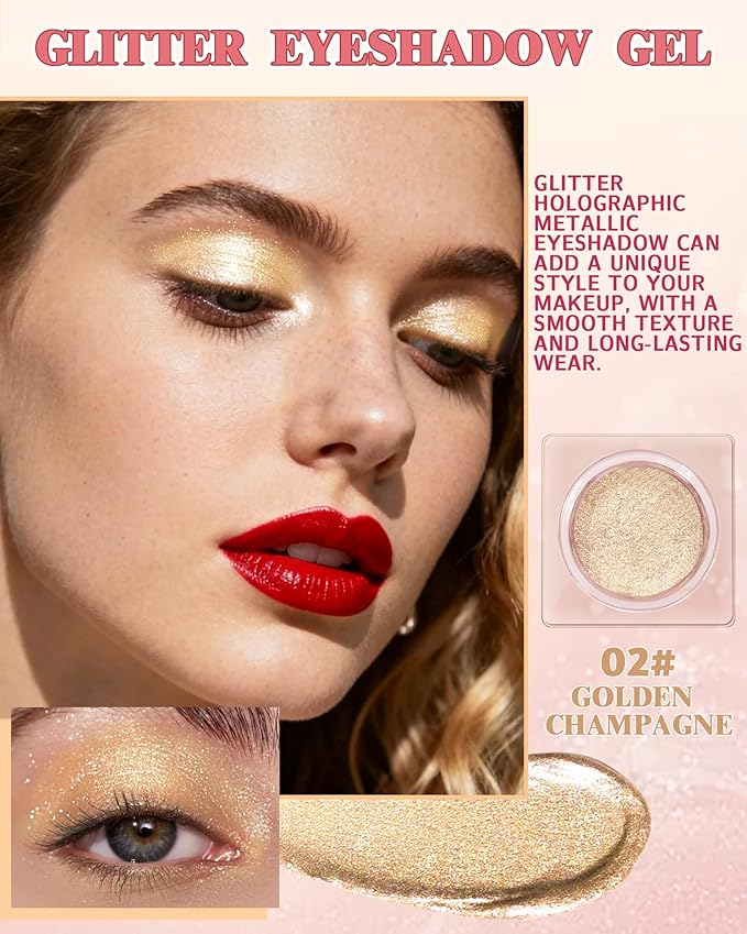 Sparkle Single Eyeshadow Cream, Gold Champagne Glitter Highly Pigmented Eye Shadow, Long-Lasting Blendable Shimmer Eyeshadow, Lightweight Eye Shadow Makeup Palette Christmas Party Gift for Women-02