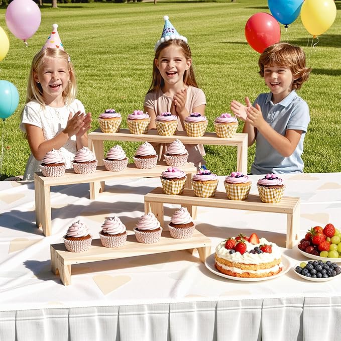 4 Tier Large Display Wooden Riser Stand 2 Set Decorative Rectangular Wood Racks 8 Pieces Stackable Perfume Organizer Cologne Stand Wood Dessert Table Display Set for Vendor Events (Wood color, 8PCS)