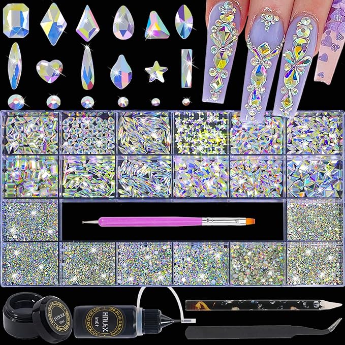 HNUIX Nail Rhinestones - 4550pcs Crystal AB, Multiple Shape Gems, Flatback Rhinestones, with Kit and Glue Gel, for Nail Art