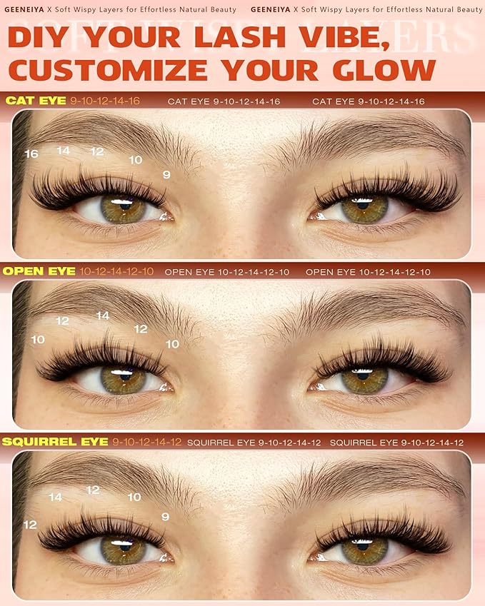 Geeneiya Wispy Lash Clusters, 9-16MM Natural Eyelash Clusters, DIY Cluster Eyelash Extensions, C Curl Lashes Clusters for Beginners